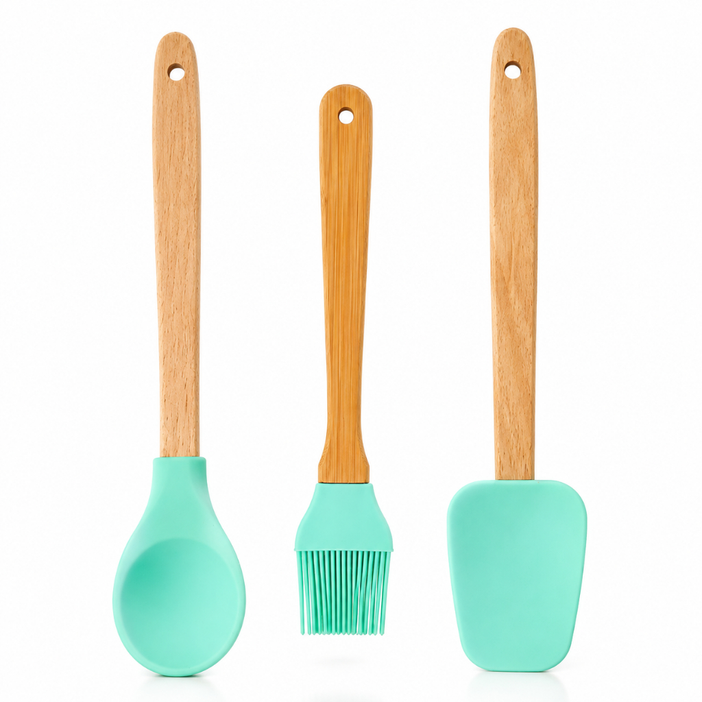 Kit 3 Utensílios de Silicone com Cabo de Bambu Colher Espátula Pincel para Cozinha Verde