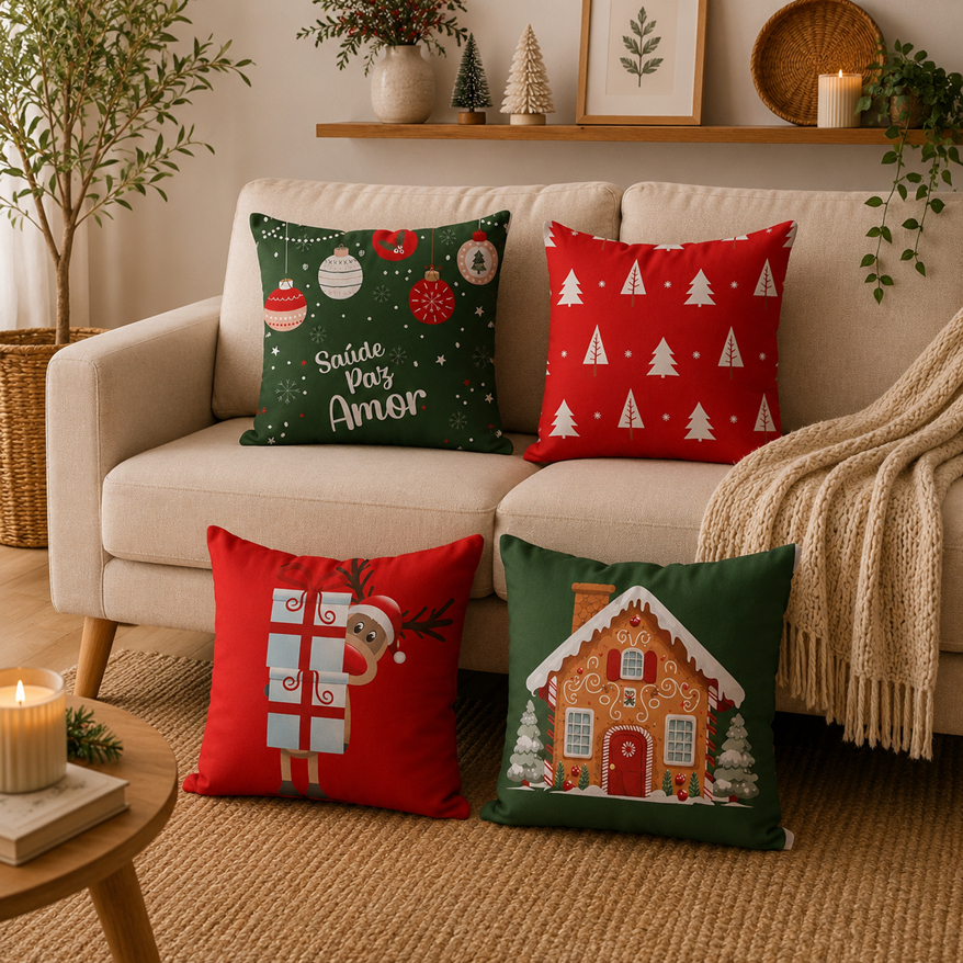 Kit 4 Capas de Almofadas Decorativas 45x45 - Natal