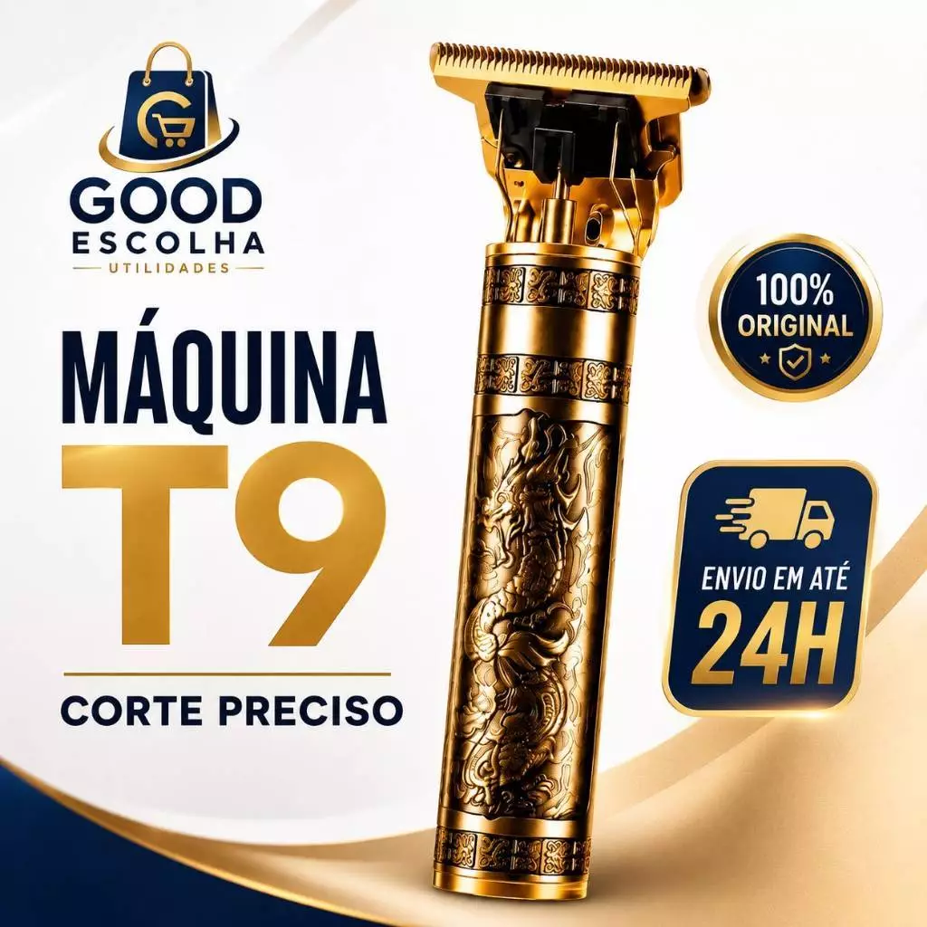 Máquina de Cortar Cabelo T9 Profissional Dourada Recarregável USB para Barba Pezinho Acabamento