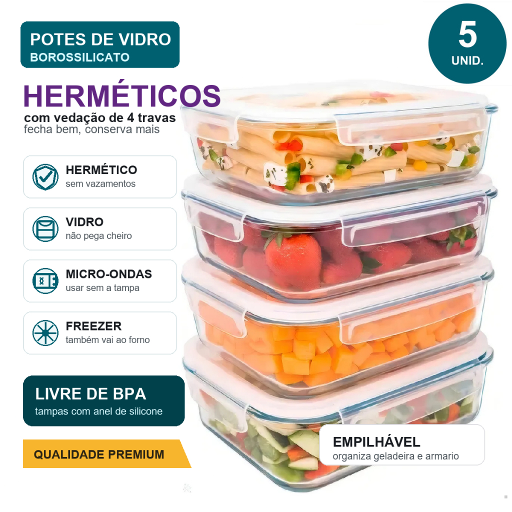 Kit 5 Potes Herméticos Vidro 640ml Marmita Fitness Vidro Resistente Com Tampa Hermética