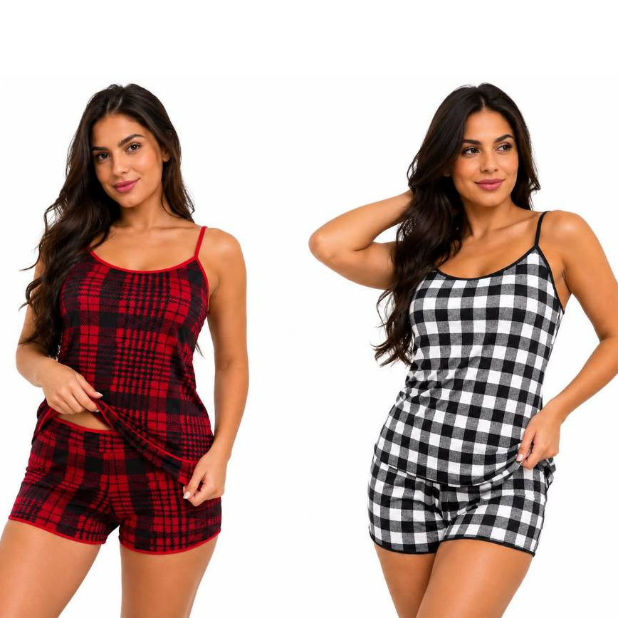 Kit 02 Baby Doll Pijama Feminino Xadrez Vermelho e Branco Short Dool Confortável