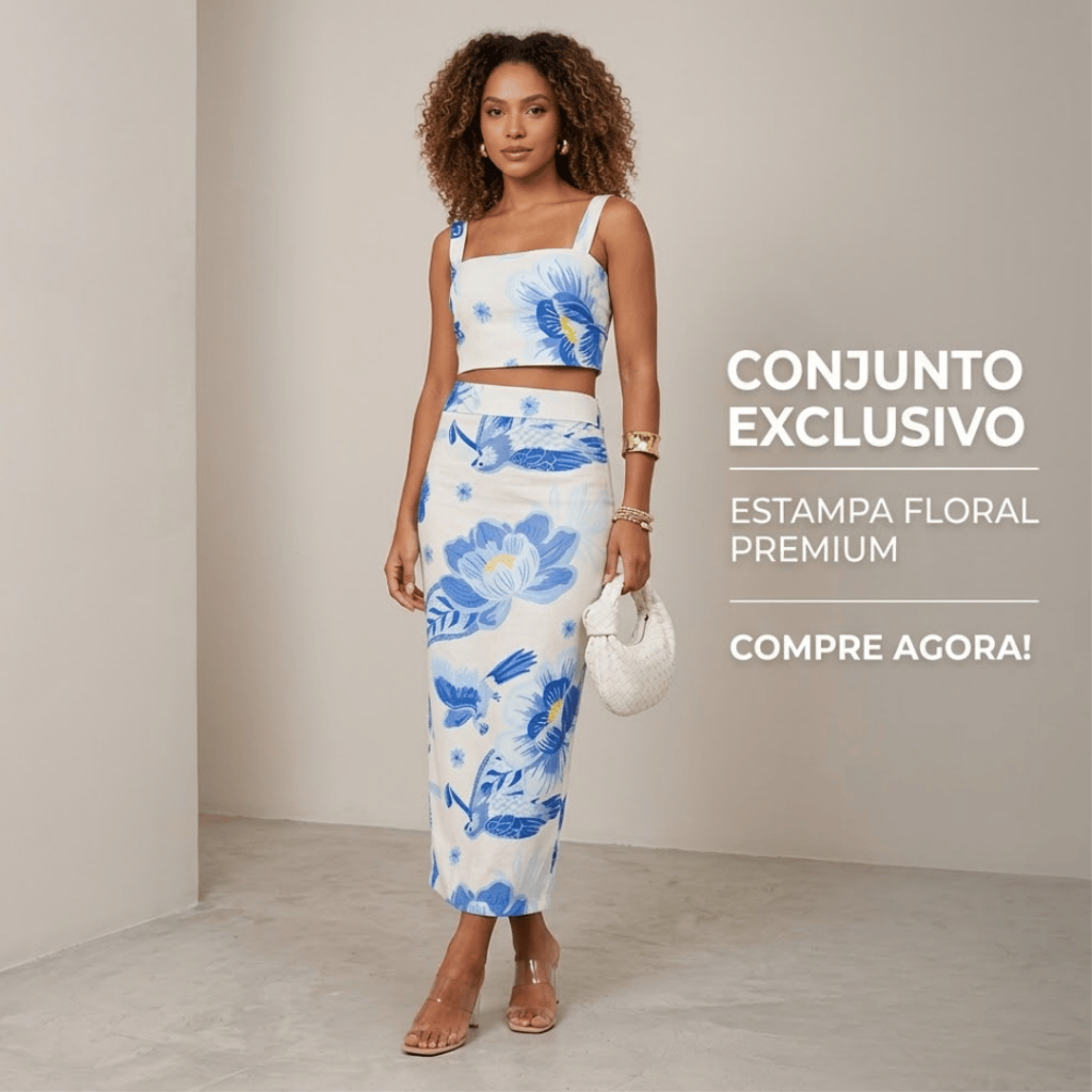 Conjunto Midi Saia e Cropped Verão Estampa Floral Elegante Feminino
