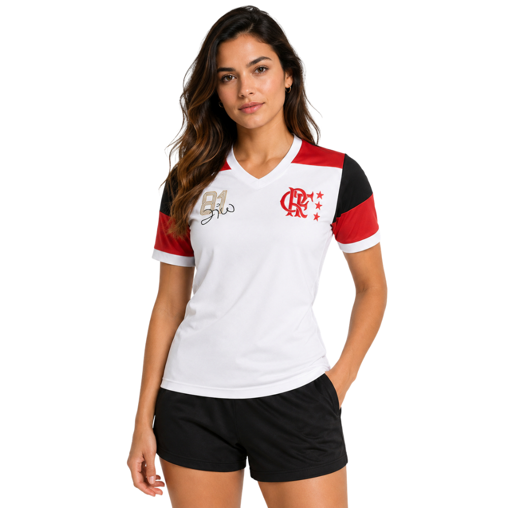 Camiseta Flamengo Feminina Zico Retrô Branca Braziline