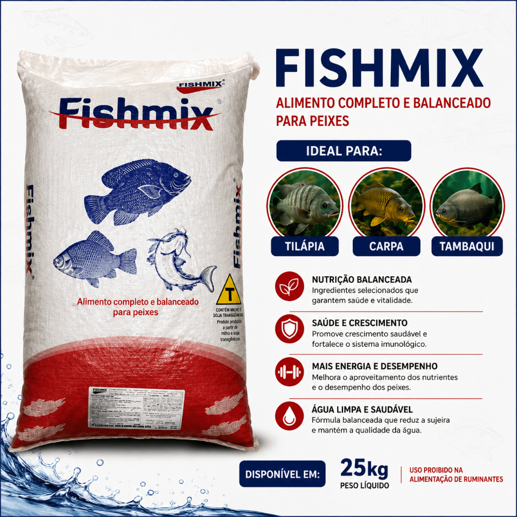 Ração Tilápia Tambaqui Pacú Carpa Fishmix 22% Proteína 8-10mm 25kg (Máx 1un por pedido)