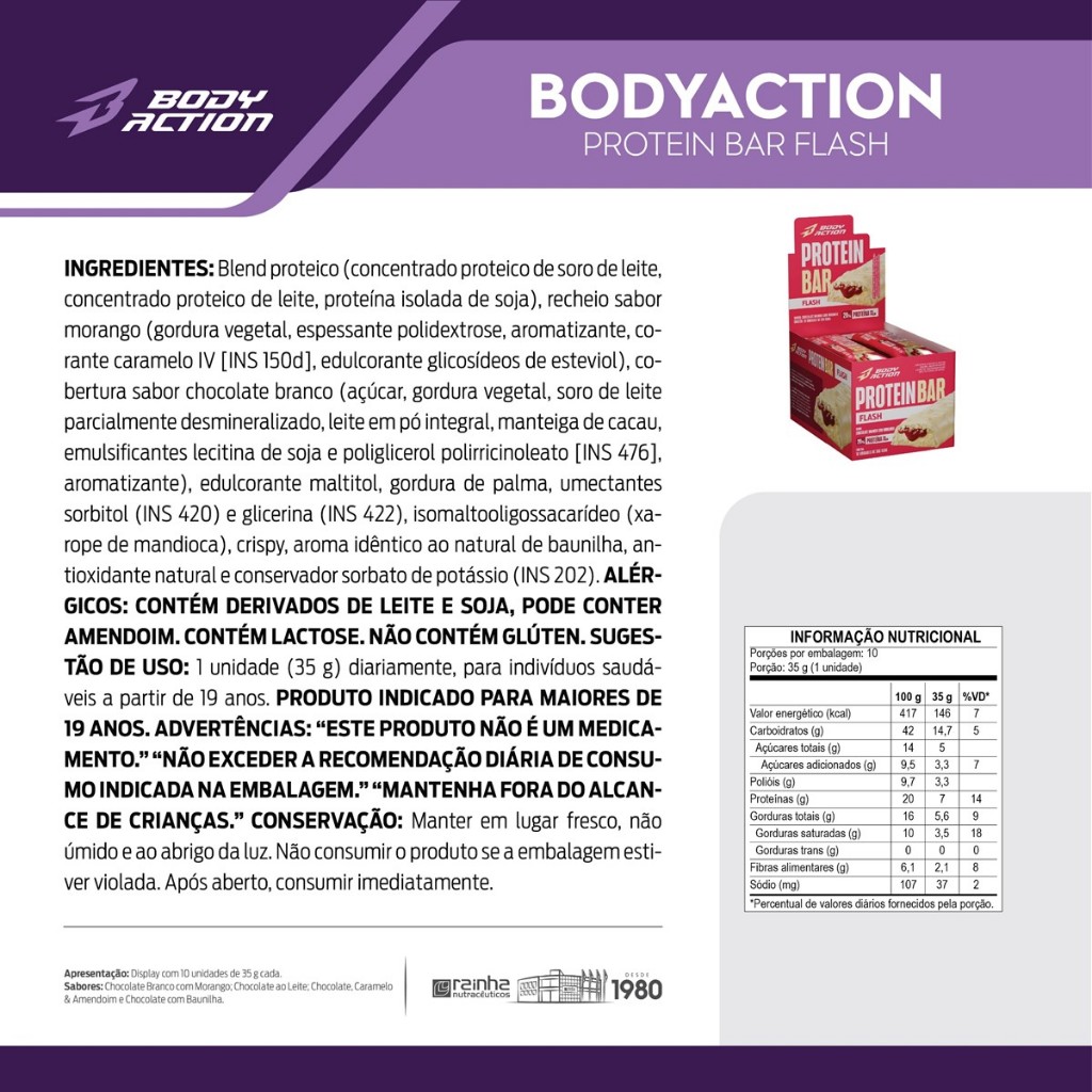 Kit 2x Display Barra de Proteína Snacks Protein Bar Flash 35g 10 Unids Bodyaction · foto 2