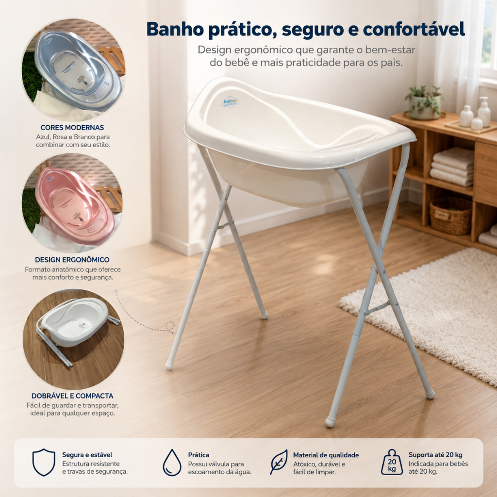 BANHEIRA DE BEBÊ COM SUPORTE EM ALUMINIO E REFORÇADA E NÃO ENFERRUJA