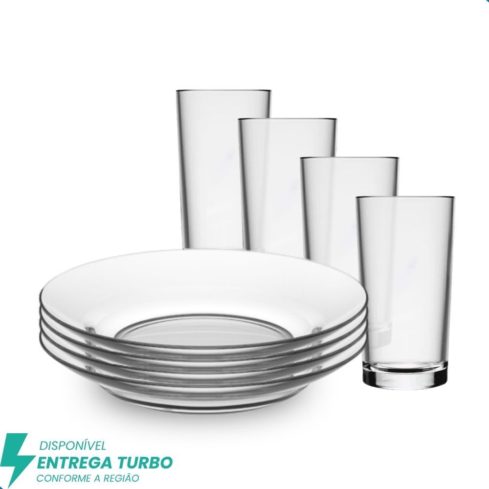 Aparelho de Jantar 8 Peças 4 Copos + 4 Pratos – Escolha seu Prato Favorito