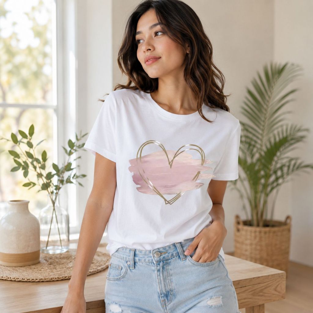 Camiseta Feminina Coração Rosa Estampada 100% Algodão Manga Curta Casual Delicada Moderna Confortável Presente Romântico