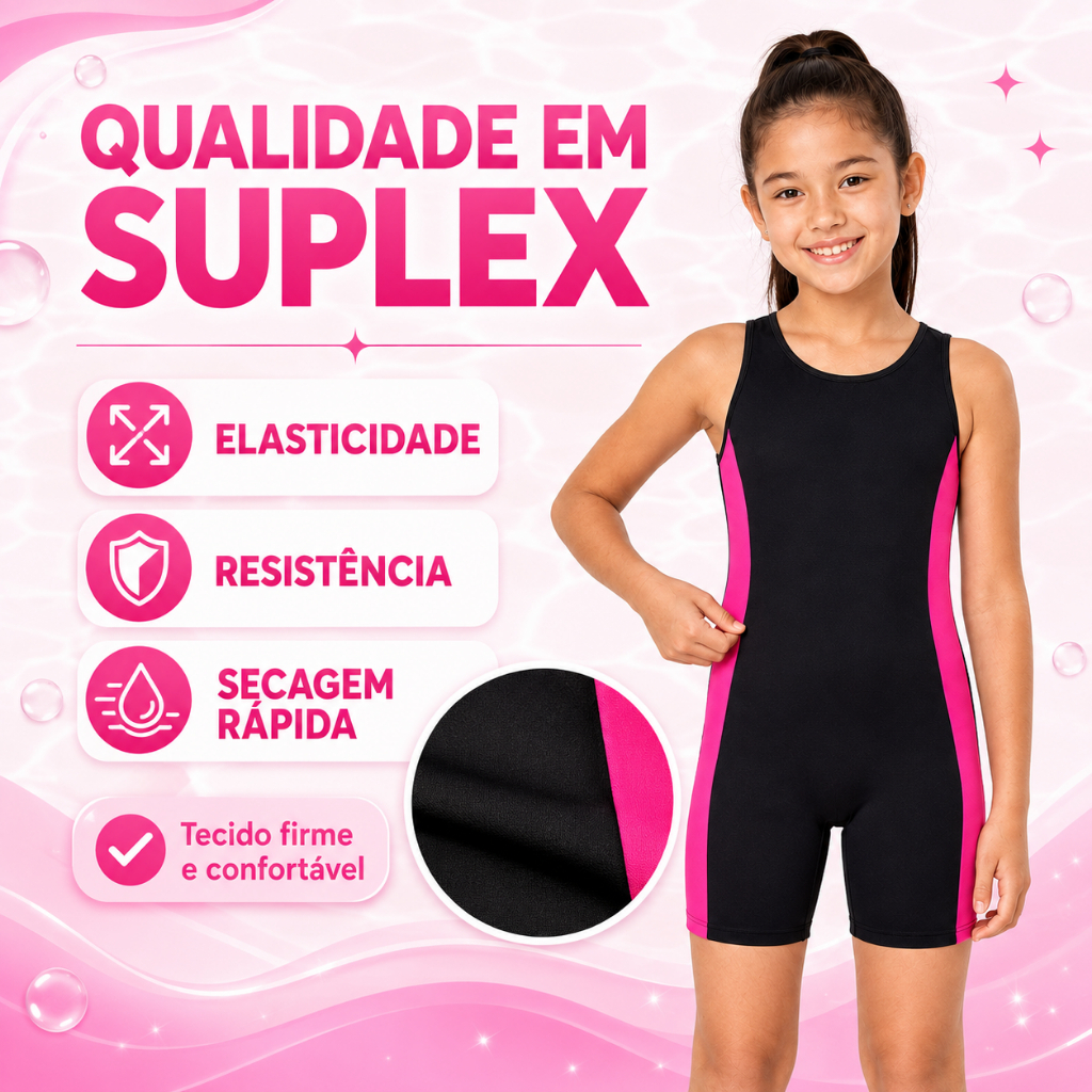 Maiô Infantil Feminino Macaquinho Juvenil Para Natação e Hidroginástica em Suplex Proteção UV50+ do 4 ao 16