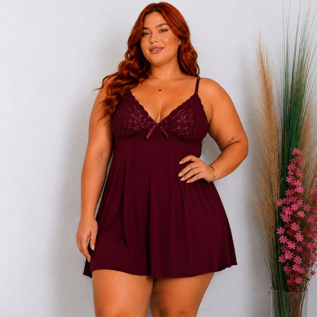 Camisola Plus Size de Renda Sem Bojo Roupa de Dormir Curto Pijama Feminino