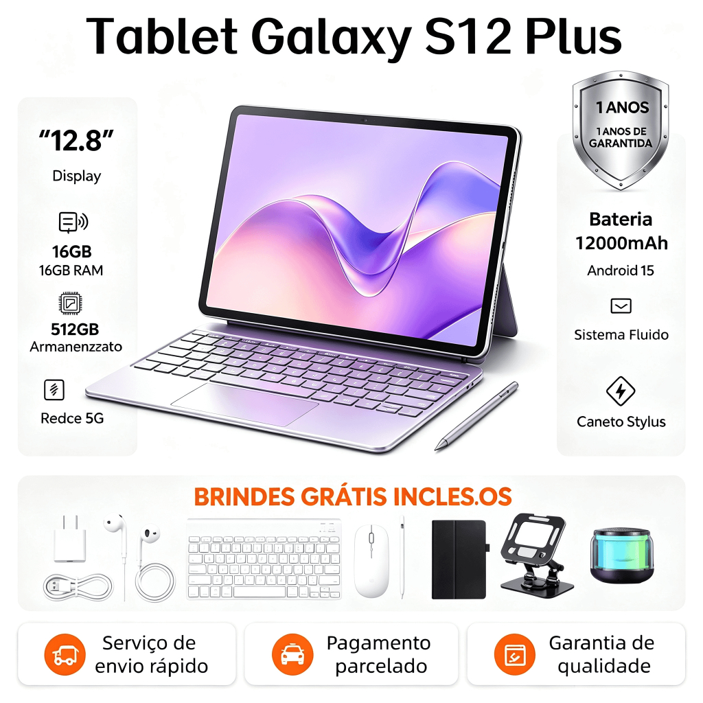 Tablet Galaxy S12 Plus e 12.8polegadas, 16 GB + 512 GB, bateria de 12000 mAh, sistema Android, promoção por tempo limi