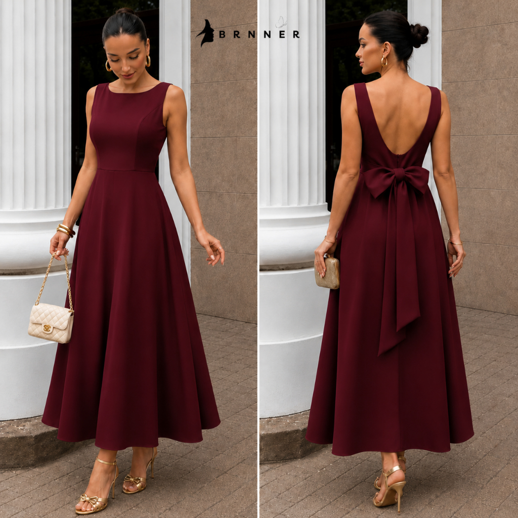 Vestido Longo Feminino Decote Canoa E Laço Nas Costas — Alfaiataria Romântica Elegante Ocasiões Especiais Formatura