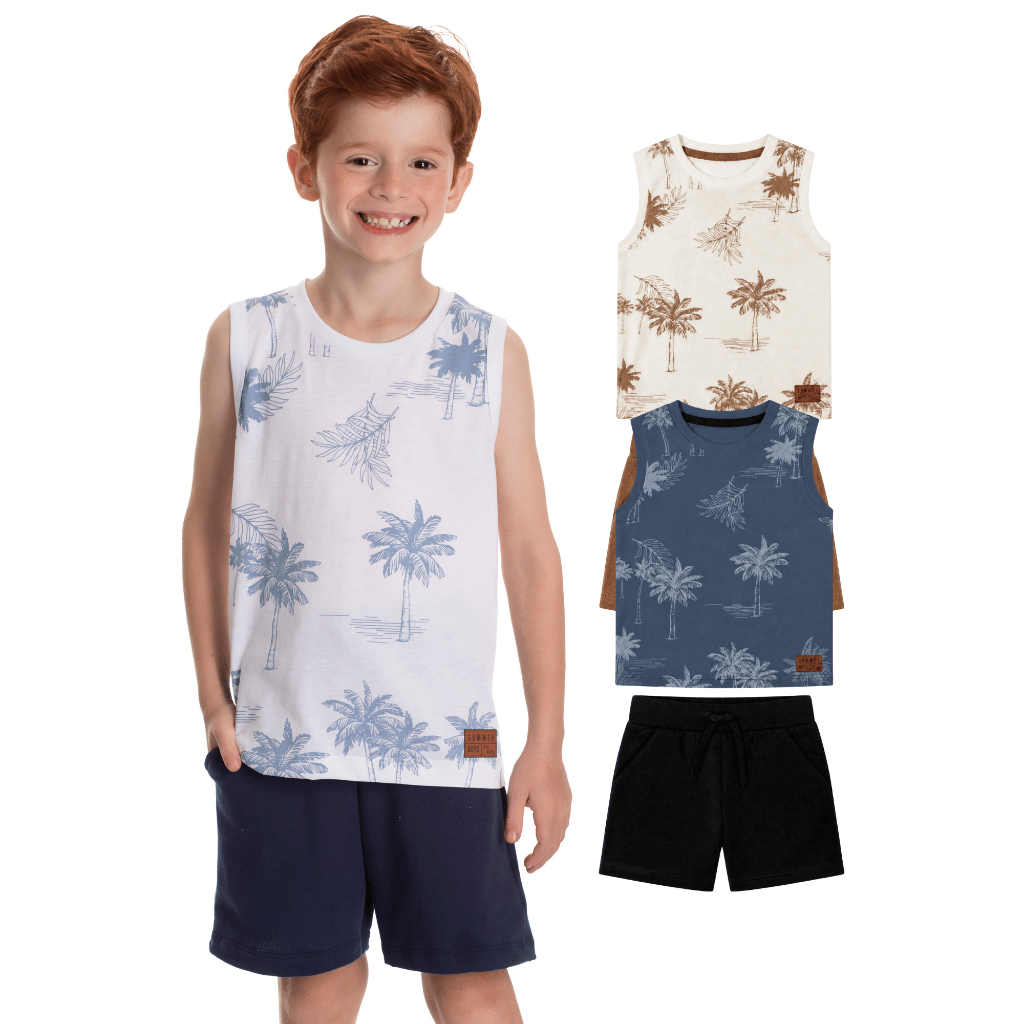 Conjunto Infantil Masculino Regata Tropical Bermuda com Bolso Moletinho Tamanho 4 6 8