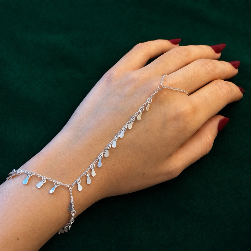 Pulseira Feminina Hand Chain com Gotas Penduradas Delicada em Prata 925
