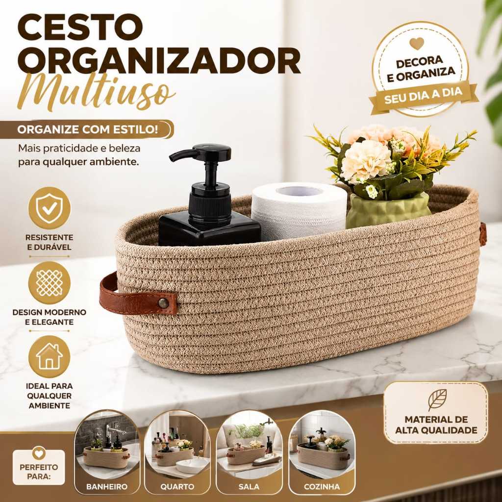 Cesto Organizador Com Alças Laterais Couro  33 x 10 Casa Organizada Multiuso Pratico  Cesto Organizador