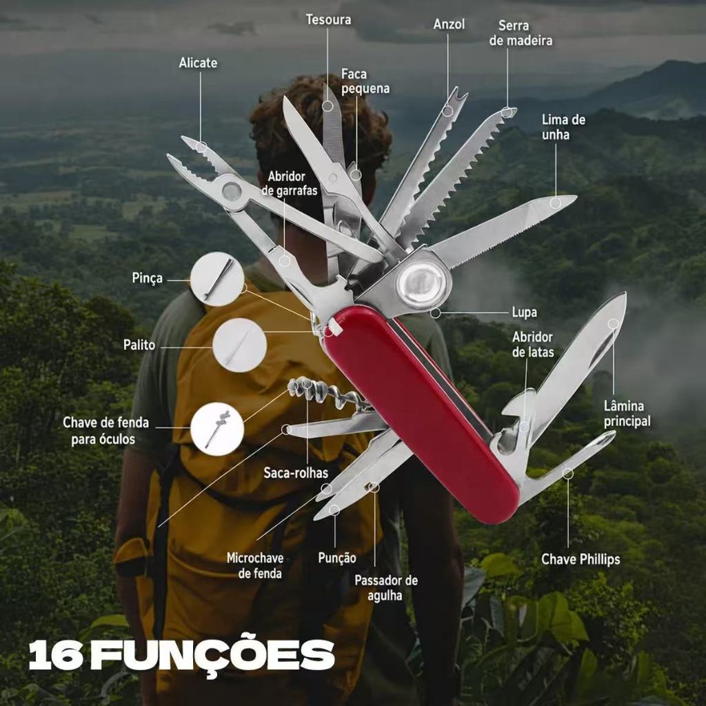Canivete Multifuncional 16 em 1 Canivete Suíço Ferramenta Multiuso para Acampamento, Camping, Sobrevivência, EDC Bolsa