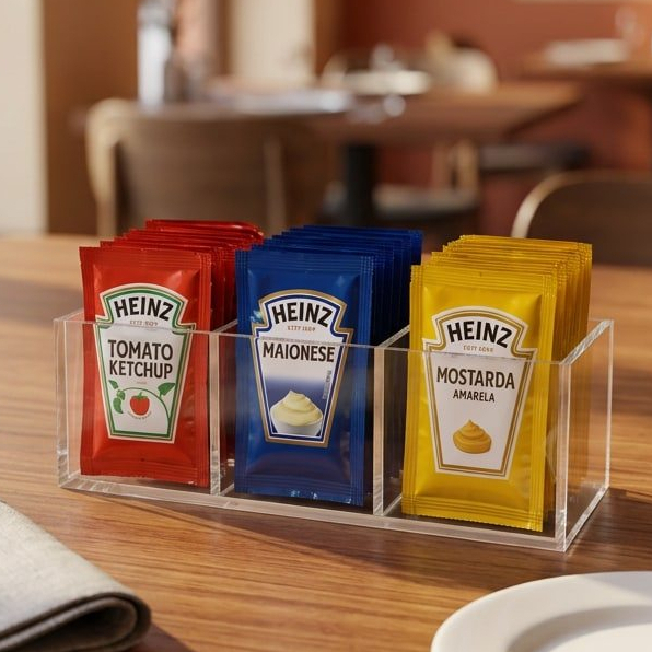 Porta Sachê Em Acrílico Cristal 3 Divisórias Sem Tampa Para Restaurante Bar Cozinha