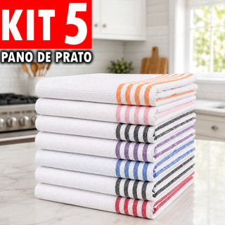 Kit 5 Panos De Prato Listrado Cozinha Algodão Macio Pano De Copa Premium