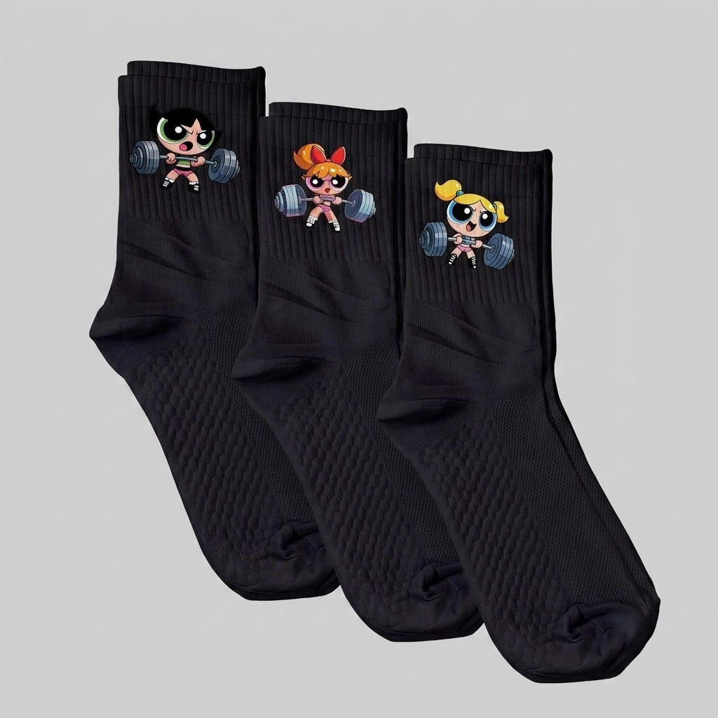 kit 3 Pares De Meias Pretas Ideal Academia Estampa Divertida Meninas Super Poderosas Macia Confortável Versátil Maromba