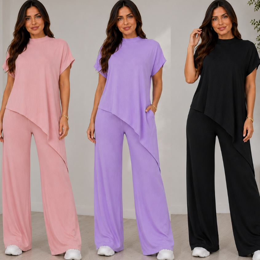 Conjunto femenina Calça Pantalona com Blusa Asimetrica alongada Estilo&Confort Anarruga