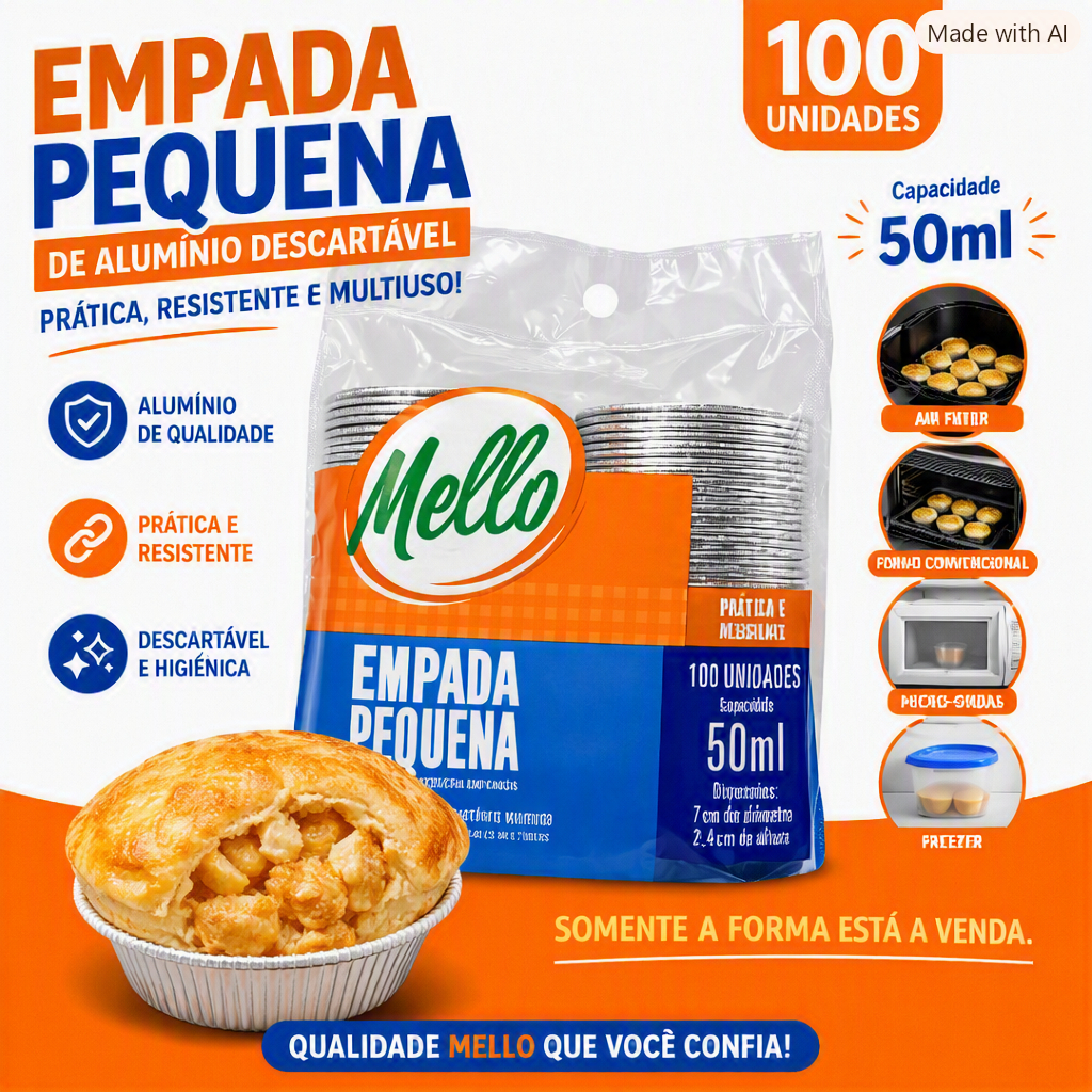 Kit Forminhas Alumínio Descartáveis Empada 50ml Mello 100 a 400 Unid - Forno, Air Fryer, Micro-ondas e Freezer