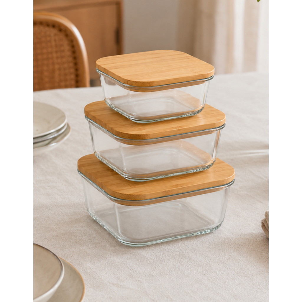 Kit 3 Potes Hermetico De Vidro Tampa De Bambu Tigela Marmita Salada Jogo De Potes De Mantimentos