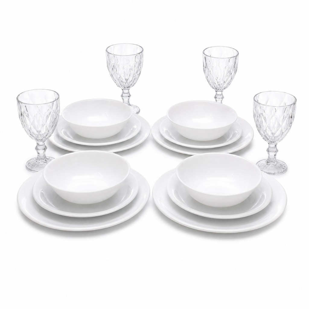 Jogo de Pratos Jantar 16 Peças Vidro Branco Com Taças Diamond Aparelho de Jantar