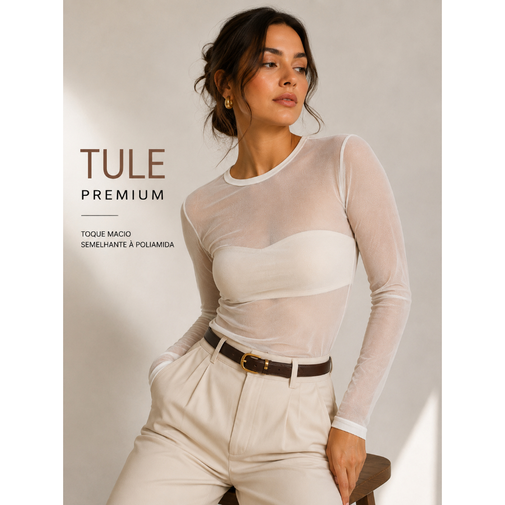 Blusa de Tule Manga Longa sem Forro com Toque de Pliamida