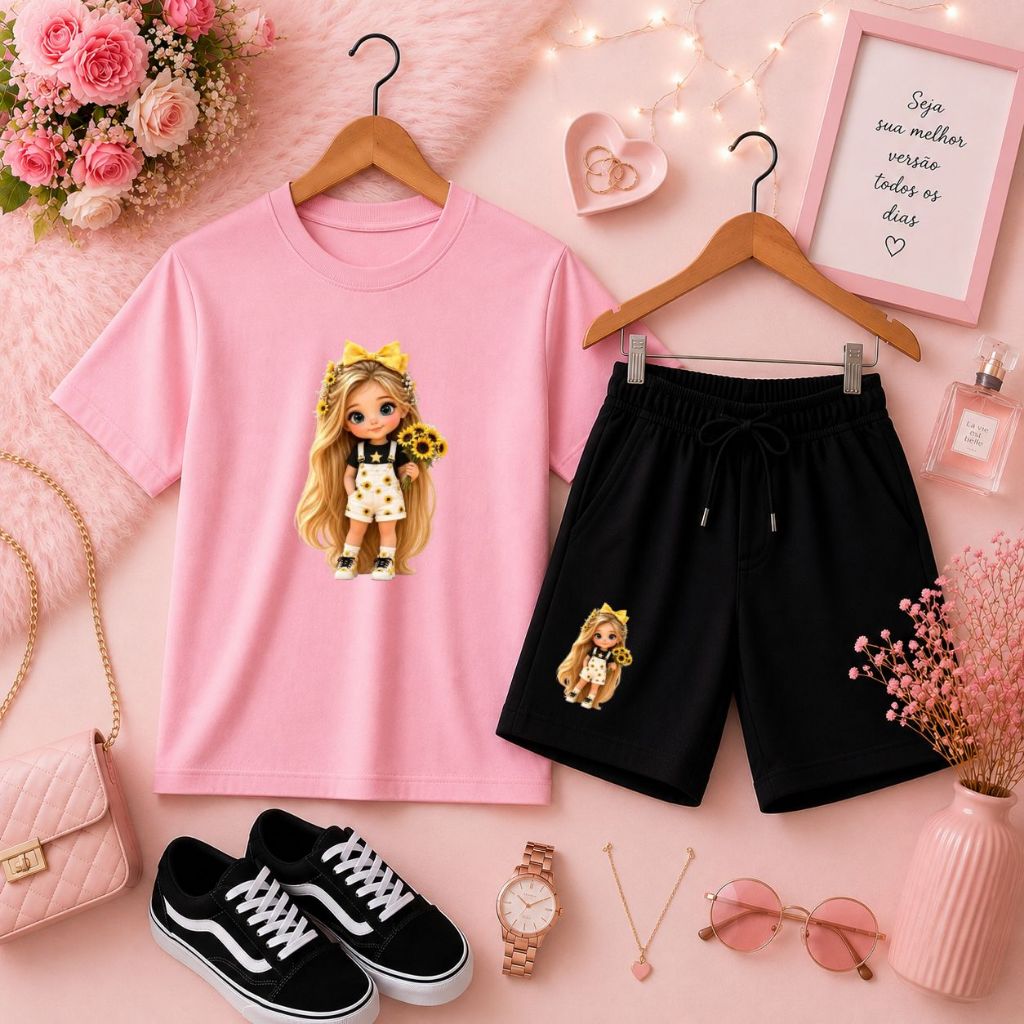 Roupa Infantil Confortável Conjunto Feminino de Camiseta Básica e Short de Moletom para Meninas Estampa Menina Girassol