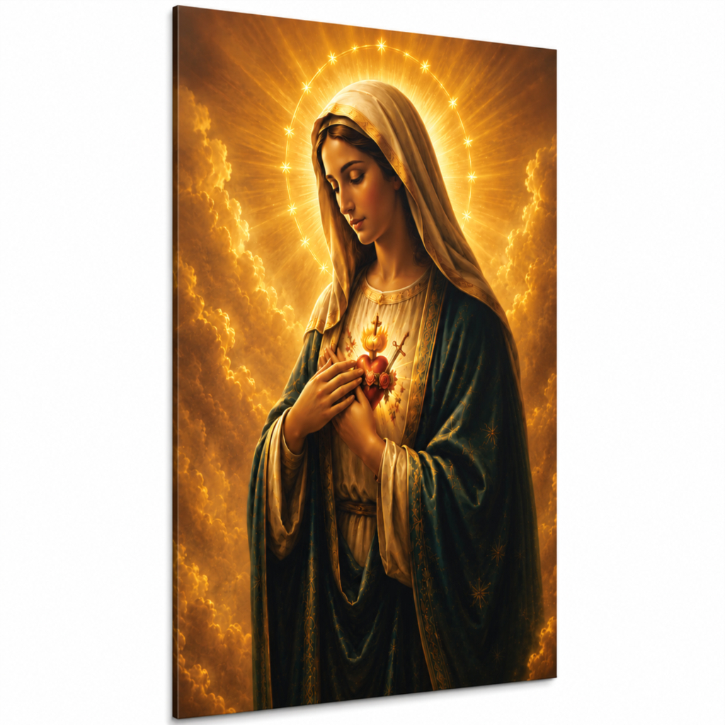 Quadro Decorativo Nossa Senhora Imaculado Coração de Maria Dourado Religioso para Sala Quarto e Capela