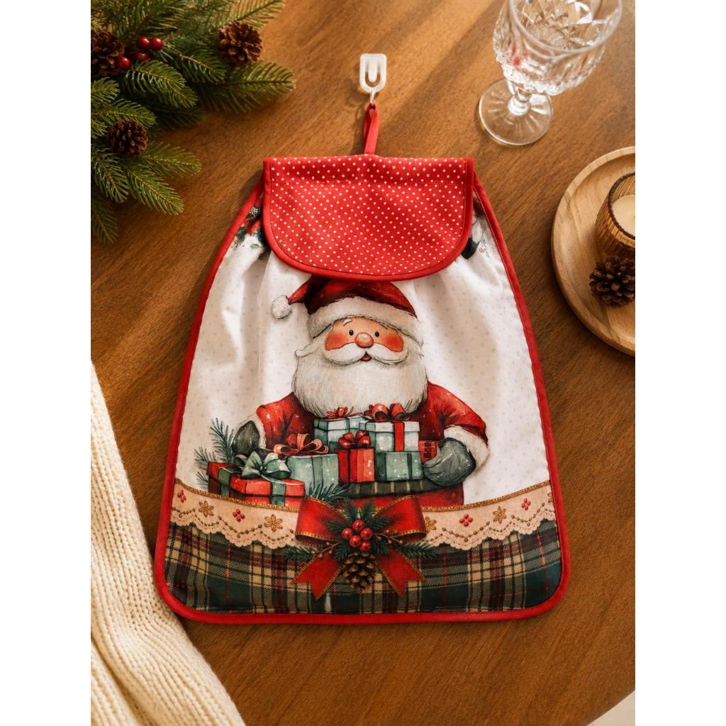 Puxa Saco Porta Sacolas para Cozinha Decorativo Estampa Digital Papai Noel Xadrez — imagem 2 de 2