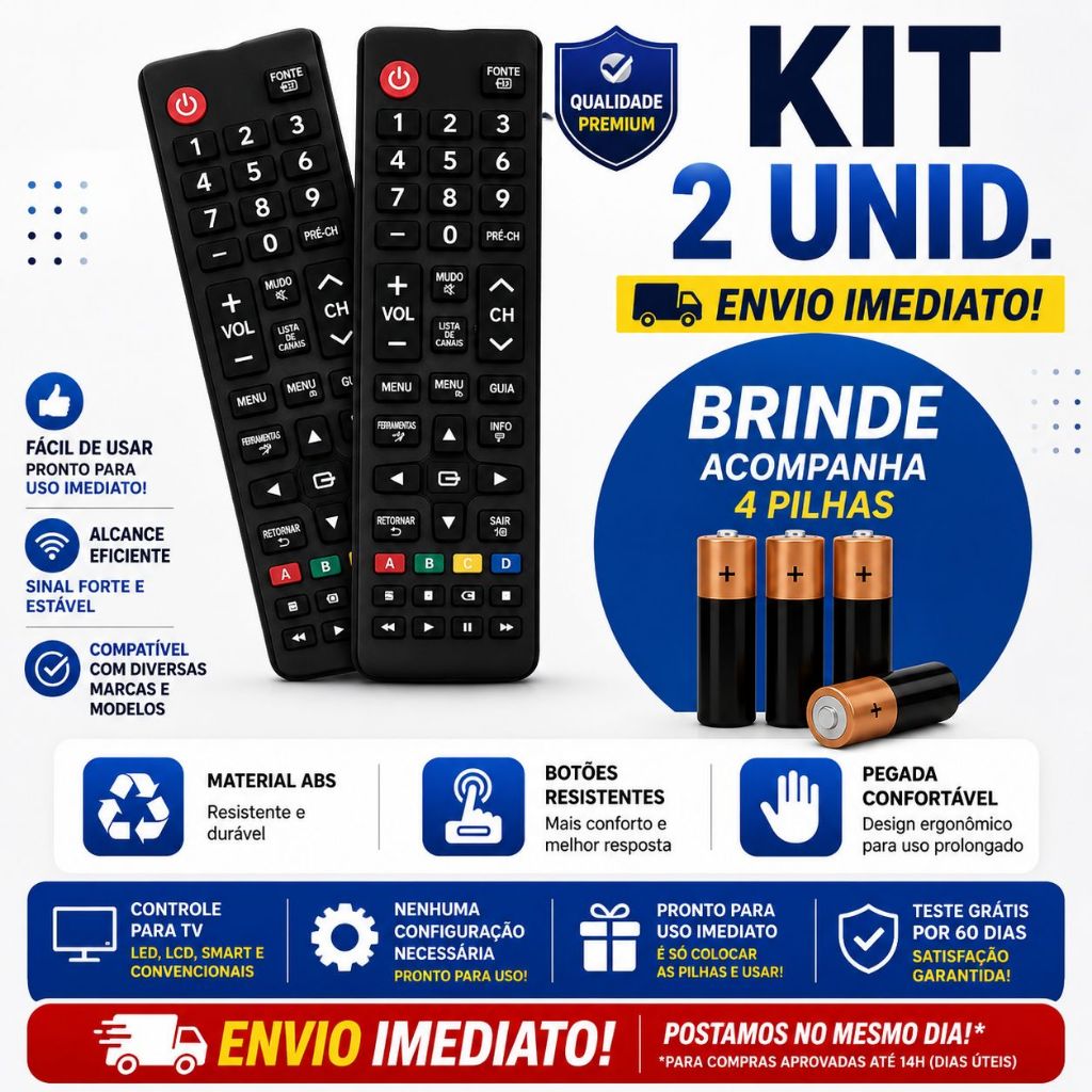 Kit Controle Remoto Compatível Samsung Smart TV C/ Pilhas AAA Inclusas Pronto para o Uso