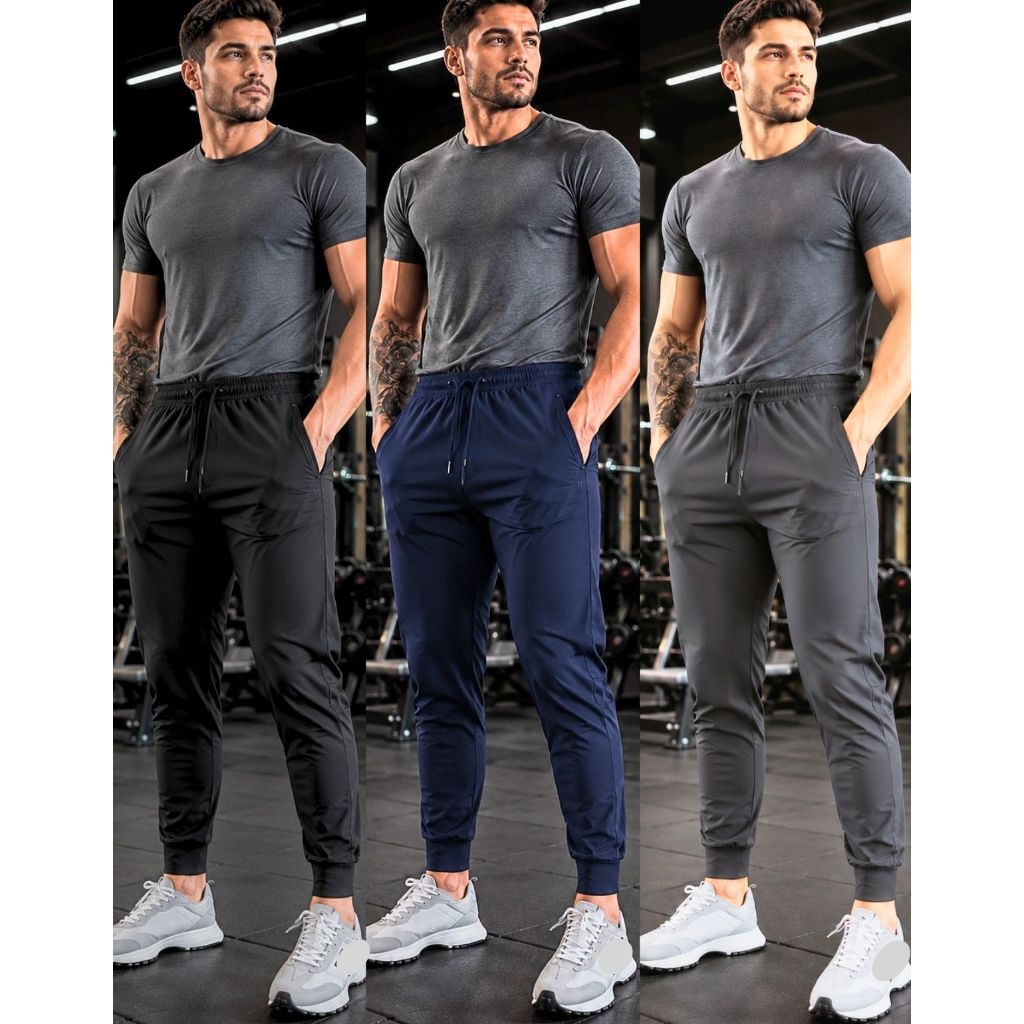 Kit 3 Calças Jogger Masculina de Tactel com Elastano para Treino Esportivo e Corrida Academia