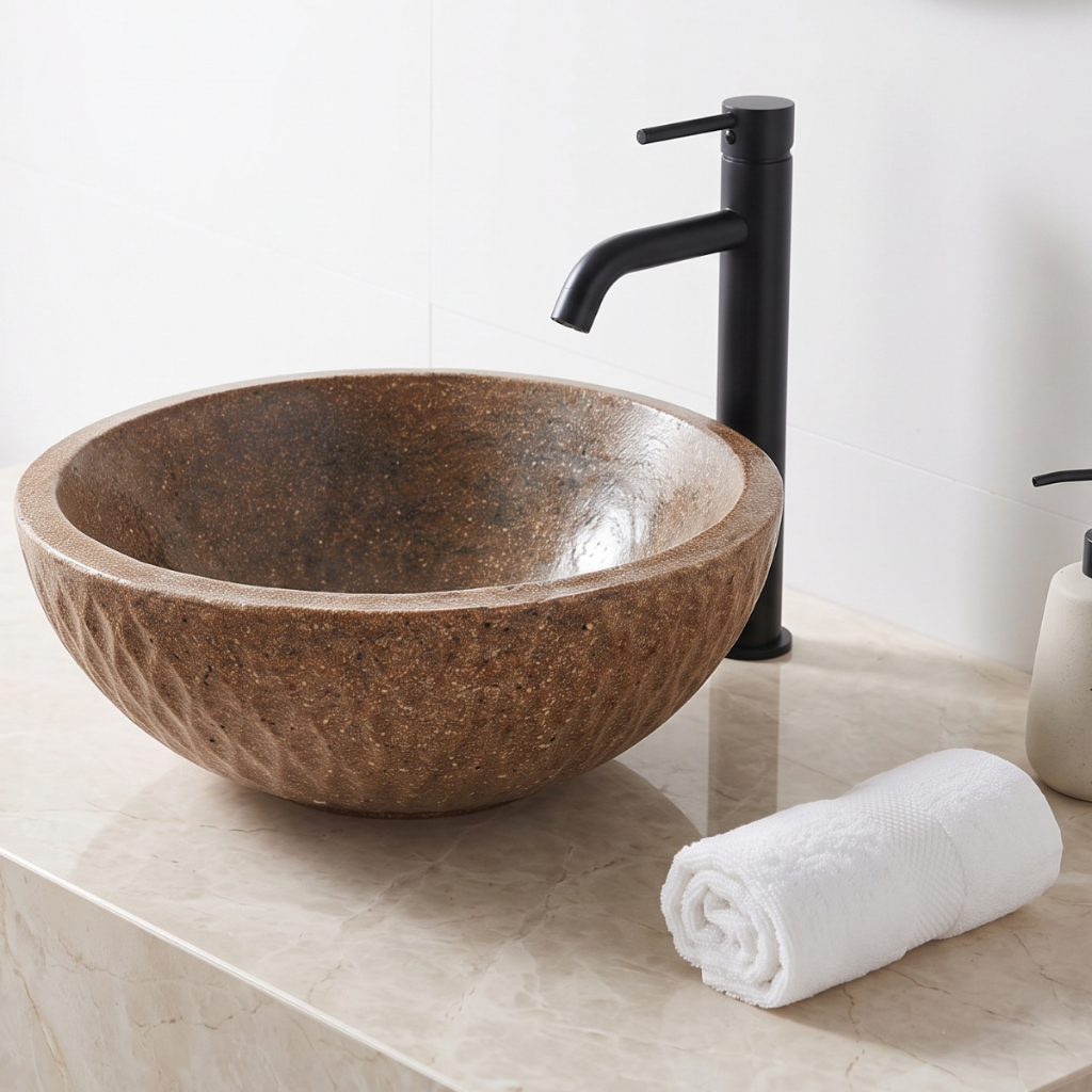 Cuba de Apoio Redonda 34cm Banheiro Lavabo Rústica Marrom Pó de Granito e Resina