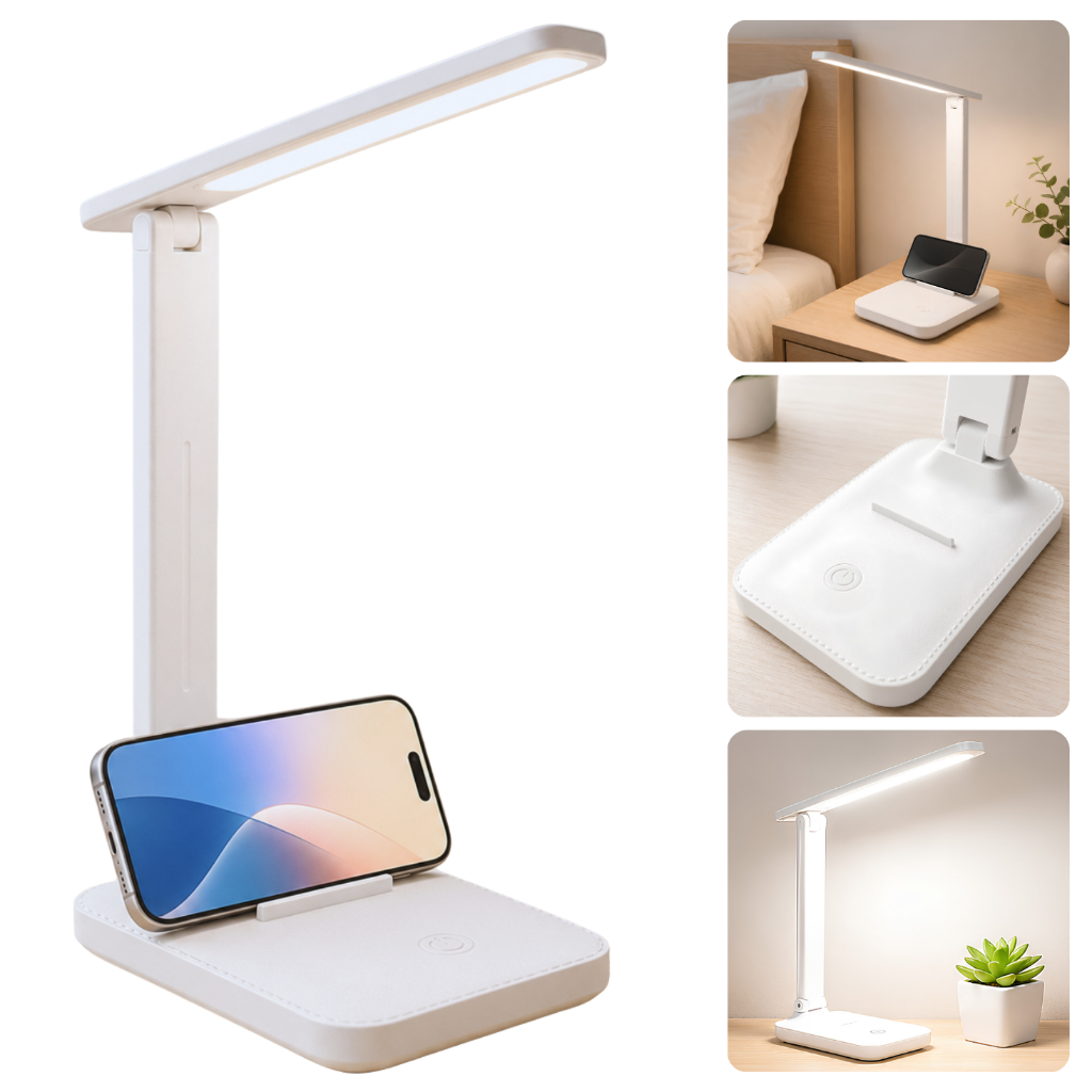 Luminária LED de Mesa com Suporte para Celular - Luminária Branca para escrivaninha/cabeceira - USB