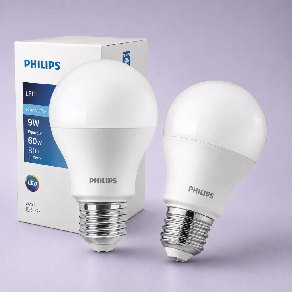 2 Lâmpadas Philips LED 9W Equivale 60W 6500K E27 Branca Fria com Fluxo lLuminoso de 810Lm 85%de Economia