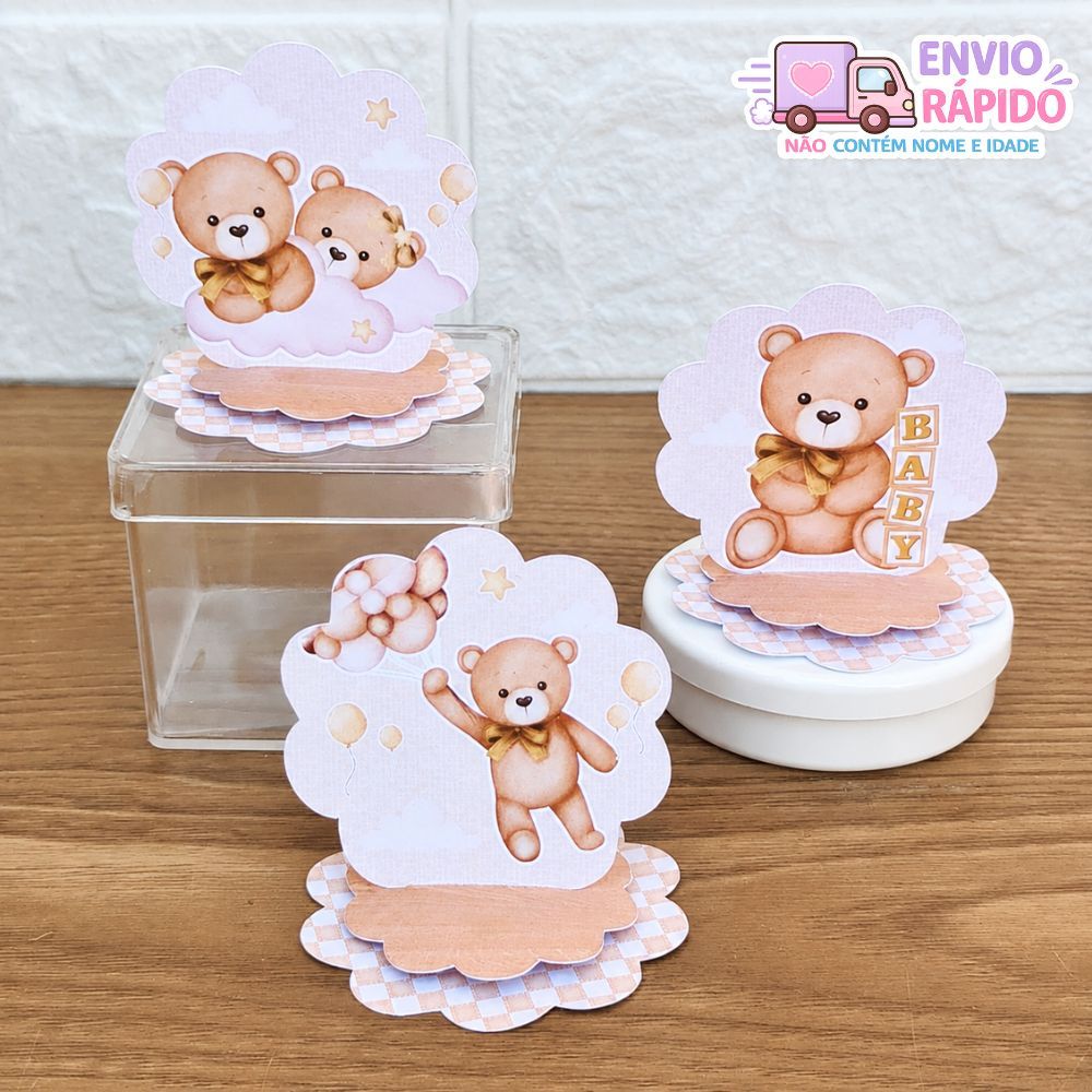 Kit Aplique 3D Cenário em Pé Chá Revelação Chá de Bebê Ursinho Dourado Tag para Lembrancinhas Festa Infantil Aniversário