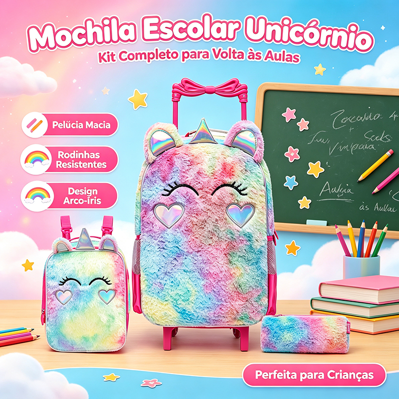 Kit Mochila Lancheira Estojo Infantil Spector Menina Unicórnio Pelúcia Escolar Rodinhas