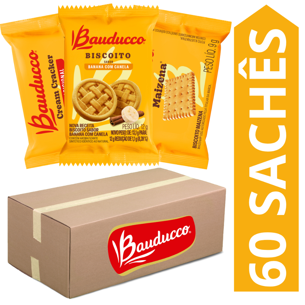 Kit 60 Sachês Biscoito Bauducco Sabores Banana Com Canela, Maizena, Cream Cracker