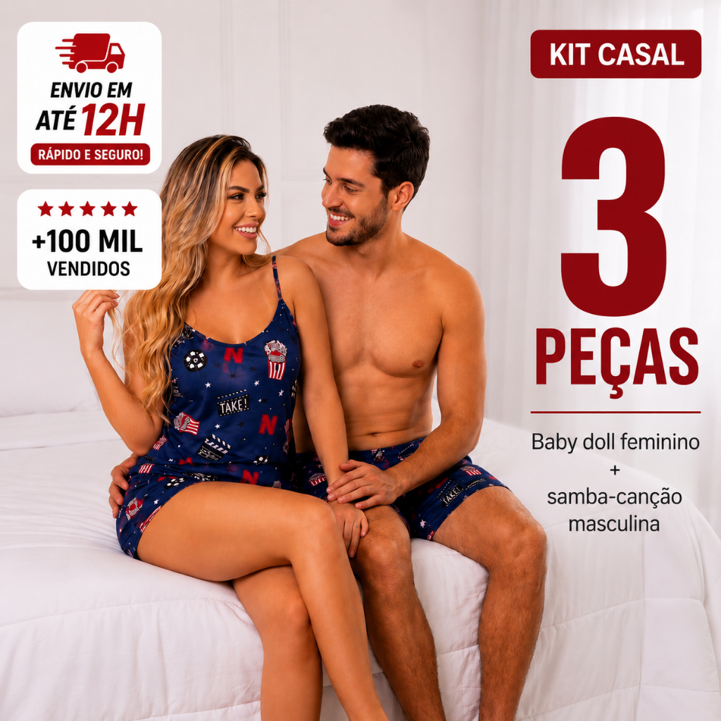 Kit Pijama Casal Feminino Samba Canção Namorados Estampa
