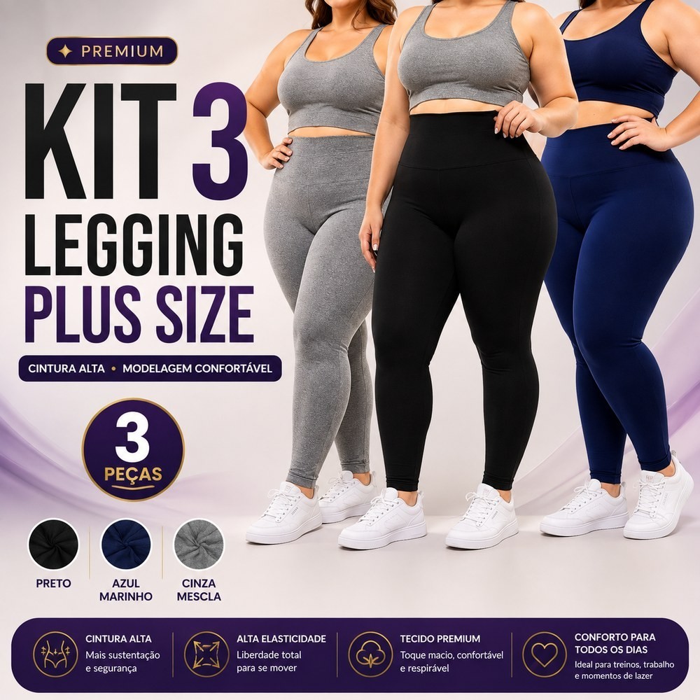 Kit 3 Calças Legging Plus Size Academia Costura Reforçada