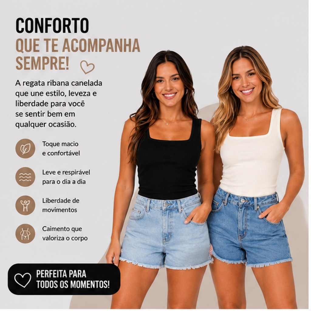 Kit 2 Regatas Femininas Ribana Canelada Decote Quadrado Básica Casual Confortável Verão 26628