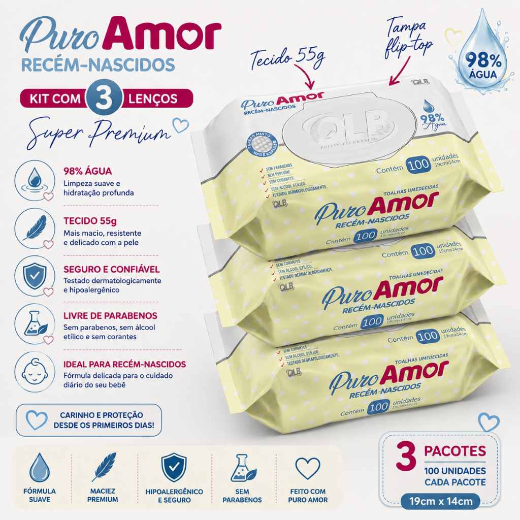 Kit com 3 Pacotes de Lenços Umedecidos RN Puro Amor Total de 300 Unidades
