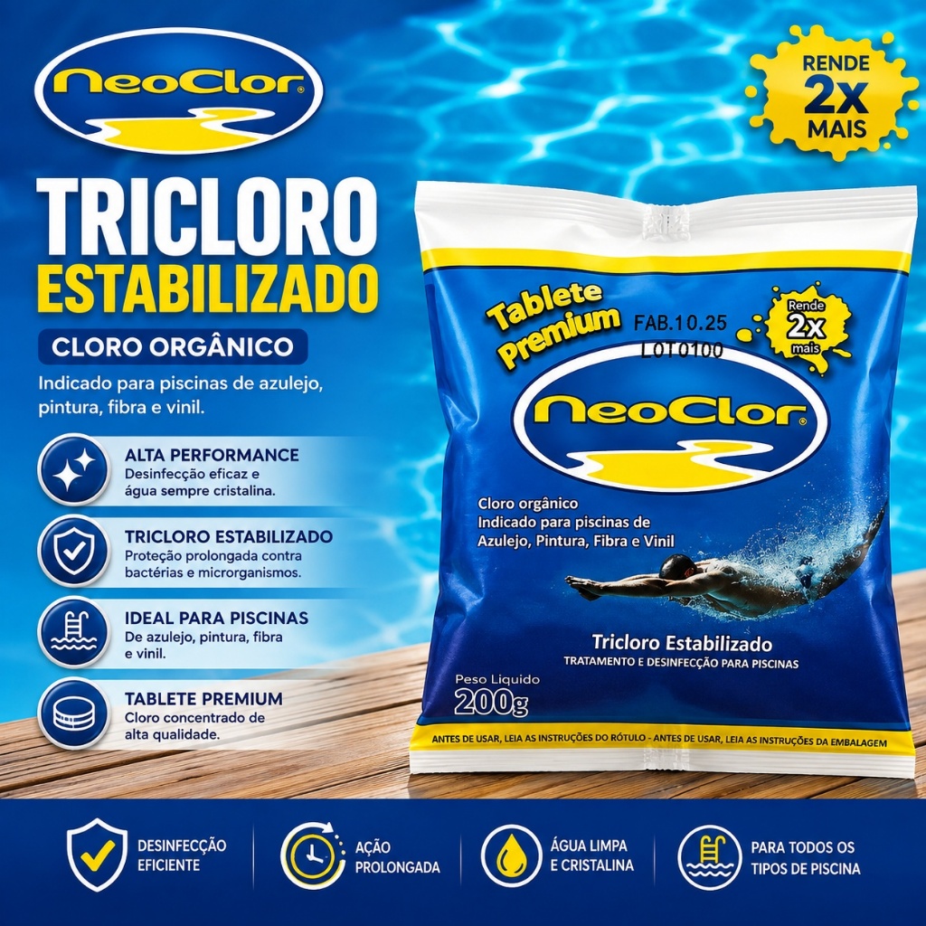 Kit 10 Pastilhas De Cloro Para Piscina Tablete Premium 200g - Neoclor