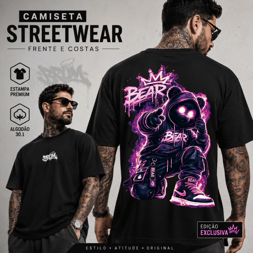 Camiseta Streetwear Masculina Urso Bear 100% Algodão Estampada Moda Rua Casual Confortável