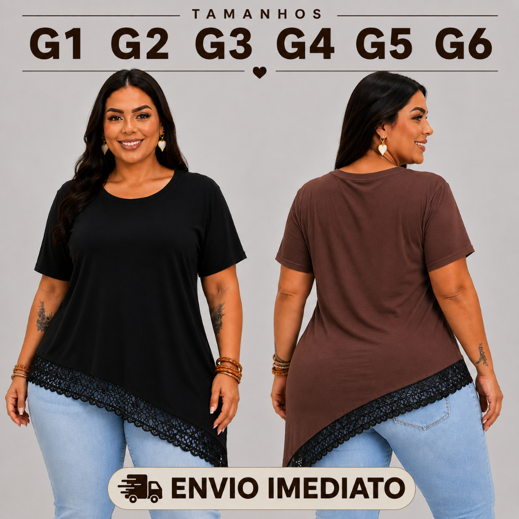Blusa feminina estilosa assimétrica Renda Plus Size G1 G2 G3 G4 G5 G6 | Malha Premium | Zero Transparência