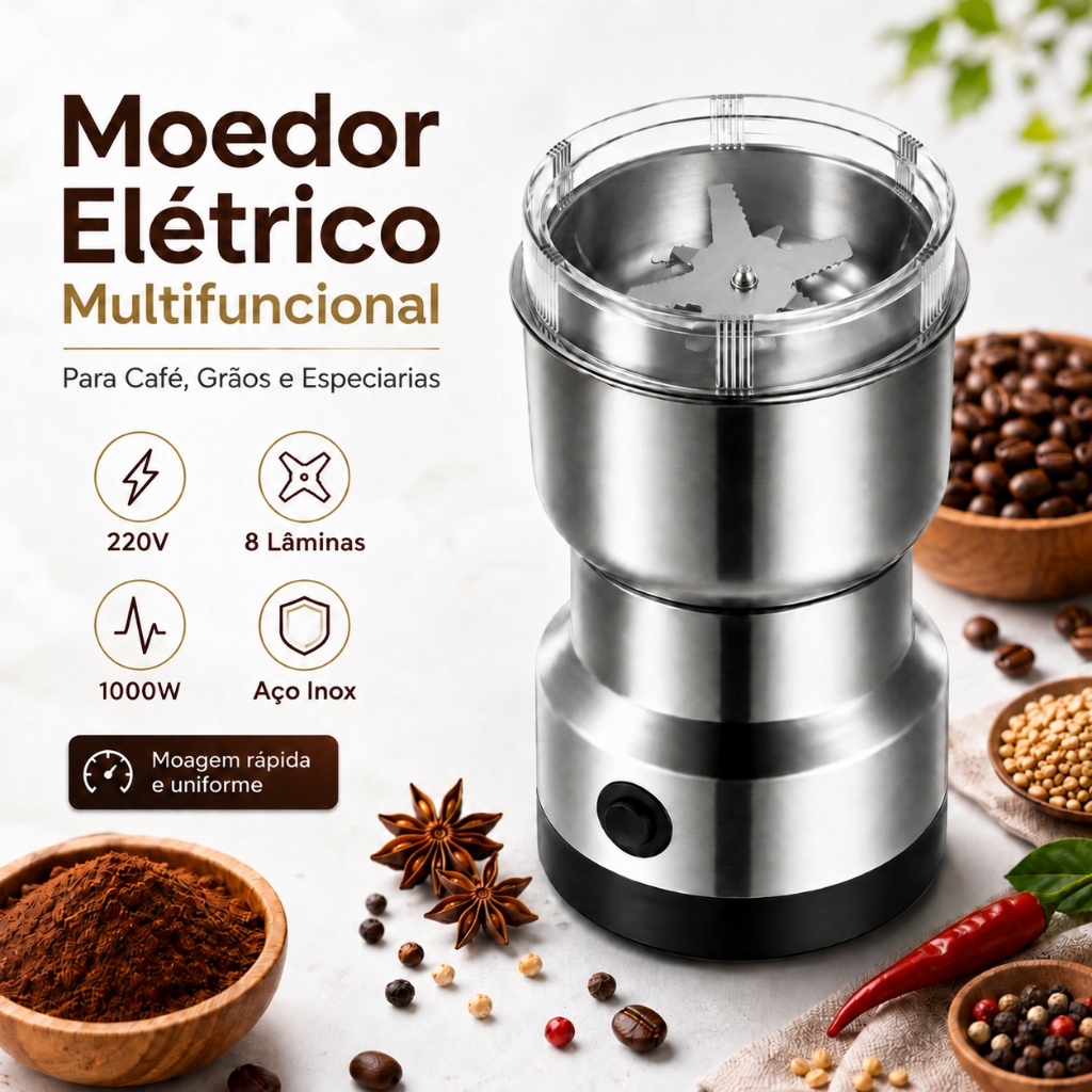 Moedor De Café Elétrico 220V 8 Lâminas Aço Inox Multifuncional para Grãos Temperos e Especiarias
