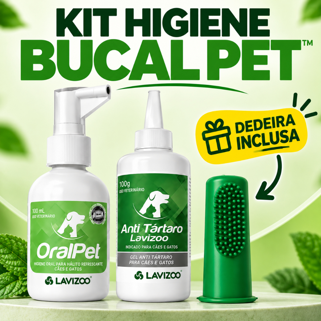 Kit Higiene Bucal Pet Cães e Gatos Creme Dental Spray Escova Dedeira Elimina Mau Hálito