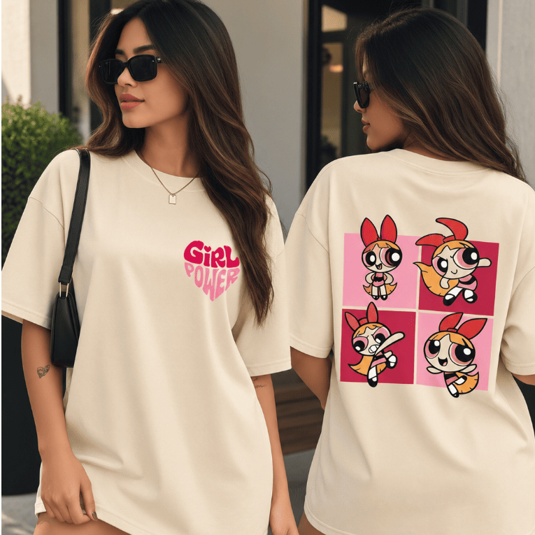 Camiseta Feminina Meninas Superpoderosas Oversized Estampada Frente e Costas 100% Algodão Casual