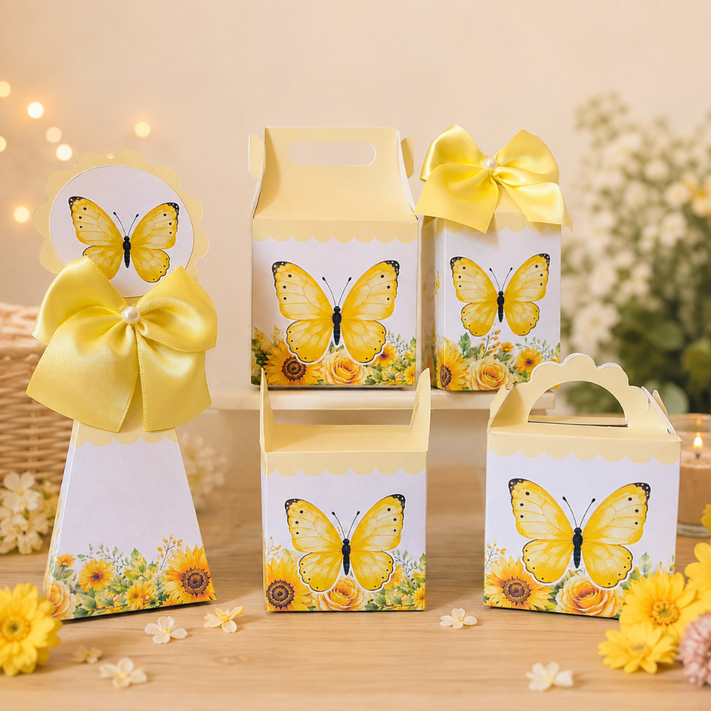 Kit Festa Jardim das Borboletas Amarelo Menina Caixas Personalizada Lembrancinhas Jardim Encantado Monte em Casa